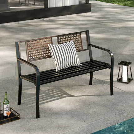 50 Inch Outdoor Metal Garden Bench with Rattan-Like Backrest for 2-3 People-Black - Black - Outdoor Benches