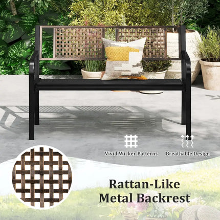 50 Inch Outdoor Metal Garden Bench with Rattan-Like Backrest for 2-3 People-Black - Black - Outdoor Benches