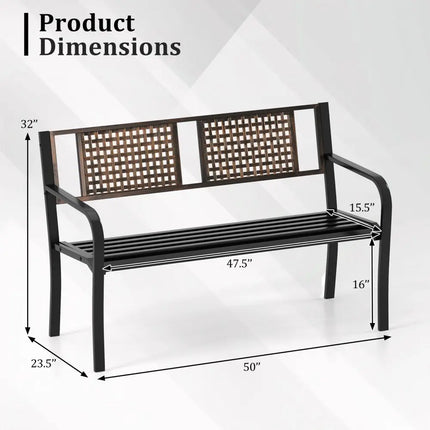 50 Inch Outdoor Metal Garden Bench with Rattan-Like Backrest for 2-3 People-Black - Black - Outdoor Benches