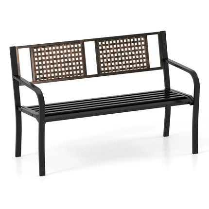 50 Inch Outdoor Metal Garden Bench with Rattan-Like Backrest for 2-3 People-Black - Black - Outdoor Benches