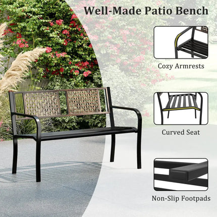 50 Inch Outdoor Metal Garden Bench with Rattan-Like Backrest for 2-3 People-Black - Black - Outdoor Benches