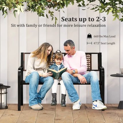 50 Inch Outdoor Metal Garden Bench with Rattan-Like Backrest for 2-3 People-Black - Black - Outdoor Benches