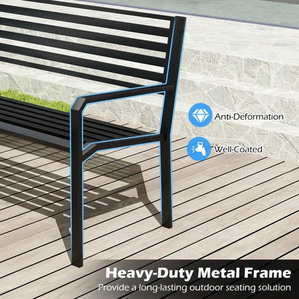 50 Inch Outdoor Metal Park Bench Patio Slatted Garden Bench for 2-3 People-Black - Black - Outdoor Benches