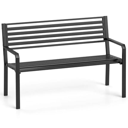 50 Inch Outdoor Metal Park Bench Patio Slatted Garden Bench for 2-3 People-Black - Black - Outdoor Benches