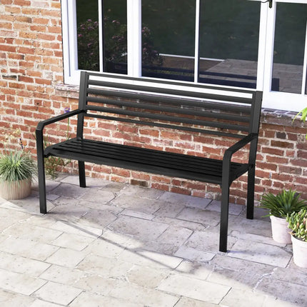 50 Inch Outdoor Metal Park Bench Patio Slatted Garden Bench for 2-3 People-Black - Black - Outdoor Benches