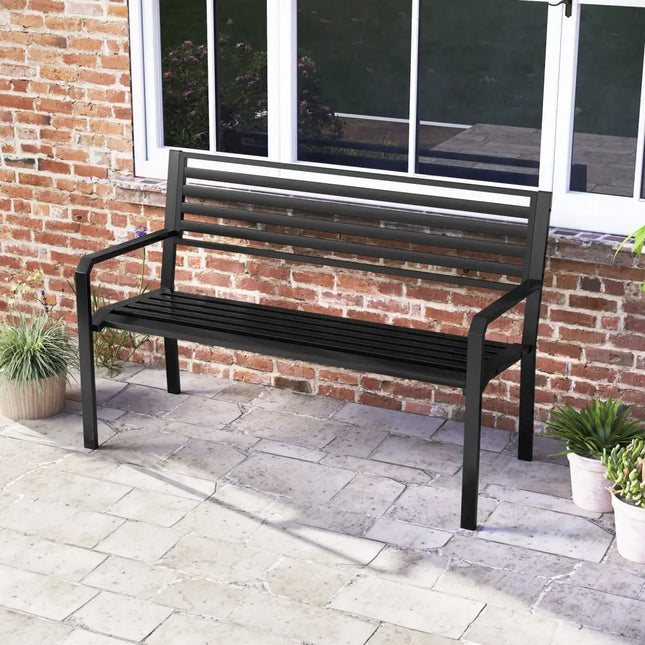50 Inch Outdoor Metal Park Bench Patio Slatted Garden Bench for 2-3 People-Black - Black - Outdoor Benches
