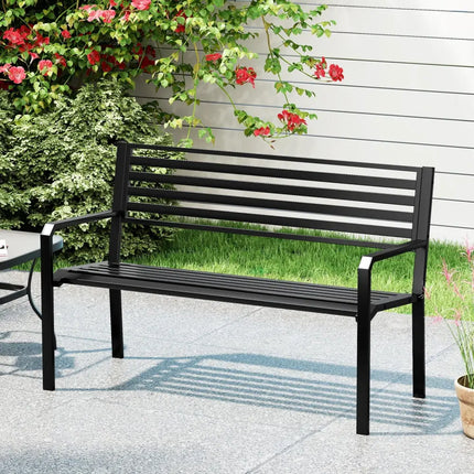 50 Inch Outdoor Metal Park Bench Patio Slatted Garden Bench for 2-3 People-Black - Black - Outdoor Benches
