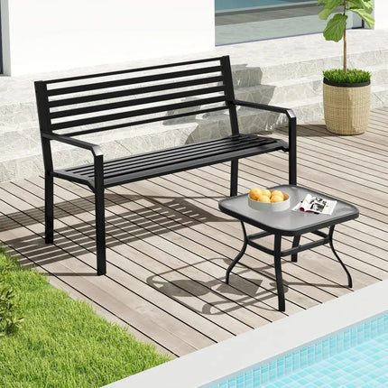50 Inch Outdoor Metal Park Bench Patio Slatted Garden Bench for 2-3 People-Black - Black - Outdoor Benches