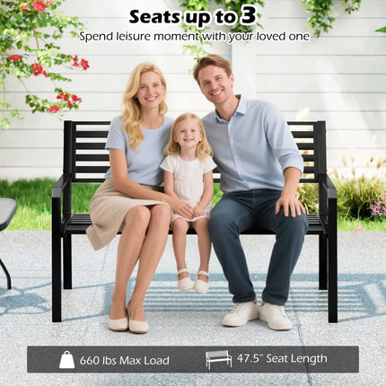 50 Inch Outdoor Metal Park Bench Patio Slatted Garden Bench for 2-3 People-Black - Black - Outdoor Benches