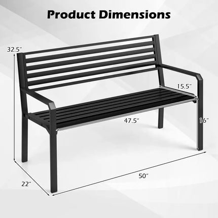 50 Inch Outdoor Metal Park Bench Patio Slatted Garden Bench for 2-3 People-Black - Black - Outdoor Benches