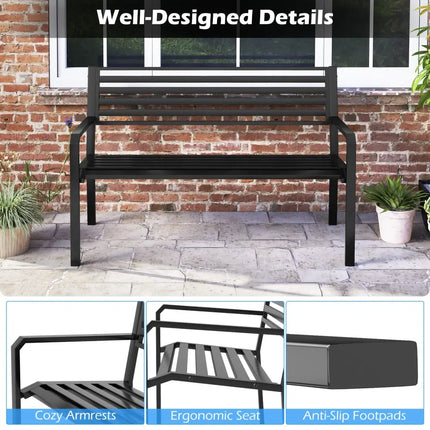 50 Inch Outdoor Metal Park Bench Patio Slatted Garden Bench for 2-3 People-Black - Black - Outdoor Benches