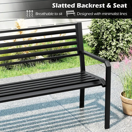 50 Inch Outdoor Metal Park Bench Patio Slatted Garden Bench for 2-3 People-Black - Black - Outdoor Benches