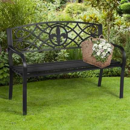 50 Inch Patio Heavy-Duty Metal Garden Bench - Black - Outdoor Benches