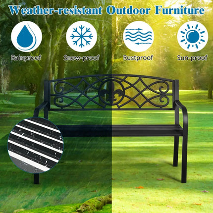 50 Inch Patio Heavy-Duty Metal Garden Bench - Black - Outdoor Benches