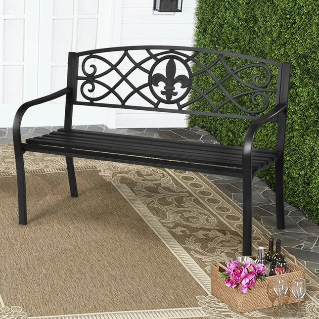 50 Inch Patio Heavy-Duty Metal Garden Bench - Black - Outdoor Benches
