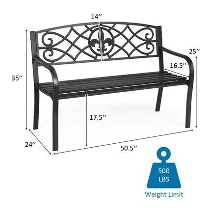 50 Inch Patio Heavy-Duty Metal Garden Bench - Black - Outdoor Benches