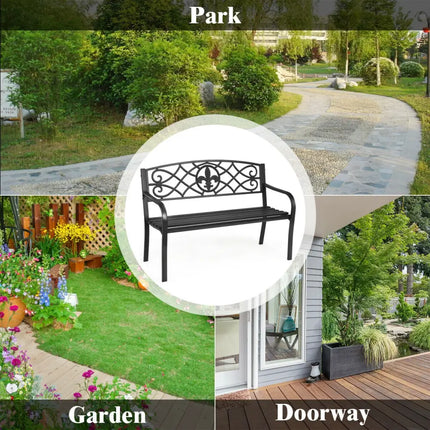 50 Inch Patio Heavy-Duty Metal Garden Bench - Black - Outdoor Benches