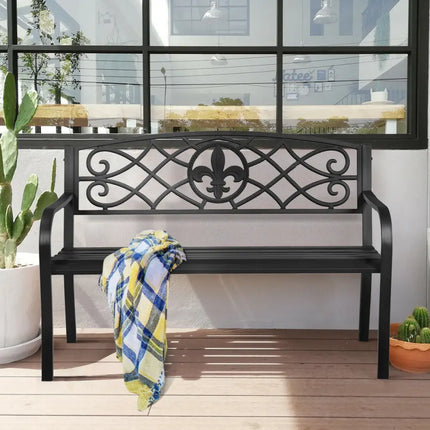50 Inch Patio Heavy-Duty Metal Garden Bench - Black - Outdoor Benches