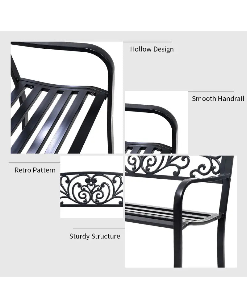 50 Inch Patio Park Steel Frame Cast Iron Backrest Bench Porch Chair - Black - Outdoor Benches