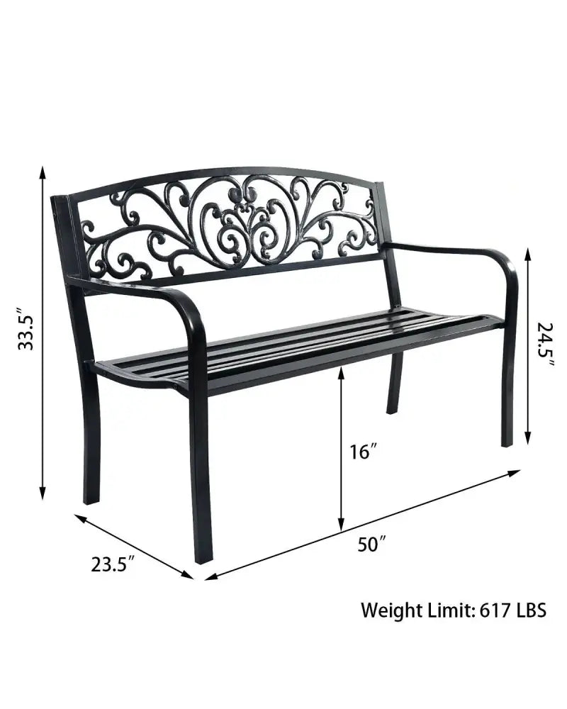 50 Inch Patio Park Steel Frame Cast Iron Backrest Bench Porch Chair - Black - Outdoor Benches