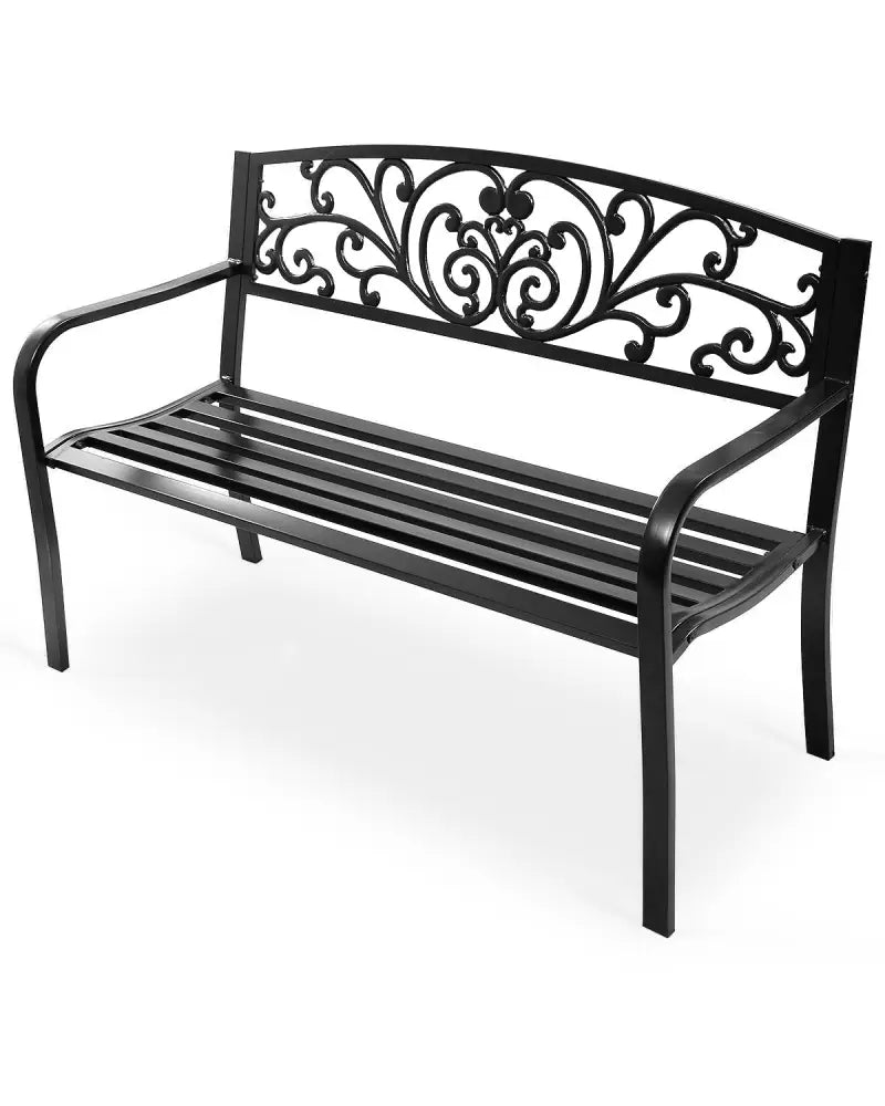 50 Inch Patio Park Steel Frame Cast Iron Backrest Bench Porch Chair - Black - Outdoor Benches