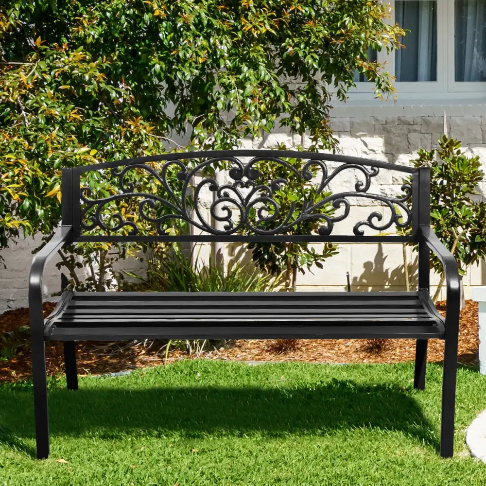 50 Inch Patio Park Steel Frame Cast Iron Backrest Bench Porch Chair - Black - Outdoor Benches