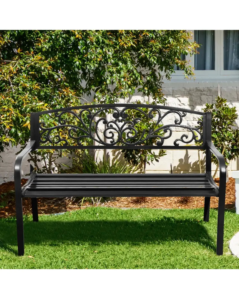 50 Inch Patio Park Steel Frame Cast Iron Backrest Bench Porch Chair - Black - Outdoor Benches