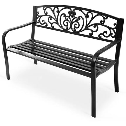 50 Inch Patio Park Steel Frame Cast Iron Backrest Bench Porch Chair - Black - Outdoor Benches