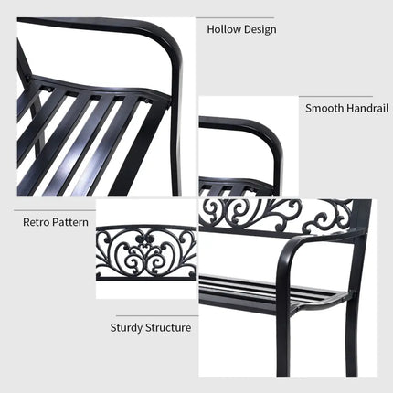 50 Inch Patio Park Steel Frame Cast Iron Backrest Bench Porch Chair - Black - Outdoor Benches