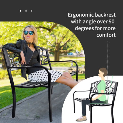 50 Inch Patio Park Steel Frame Cast Iron Backrest Bench Porch Chair - Black - Outdoor Benches