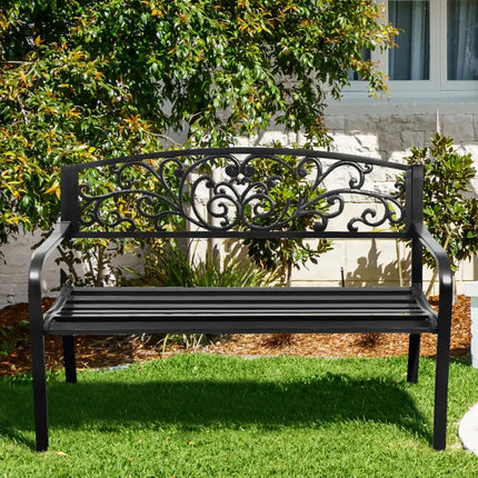 50 Inch Patio Park Steel Frame Cast Iron Backrest Bench Porch Chair - Black - Outdoor Benches