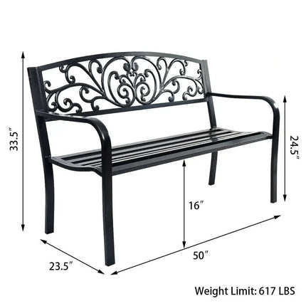 50 Inch Patio Park Steel Frame Cast Iron Backrest Bench Porch Chair - Black - Outdoor Benches