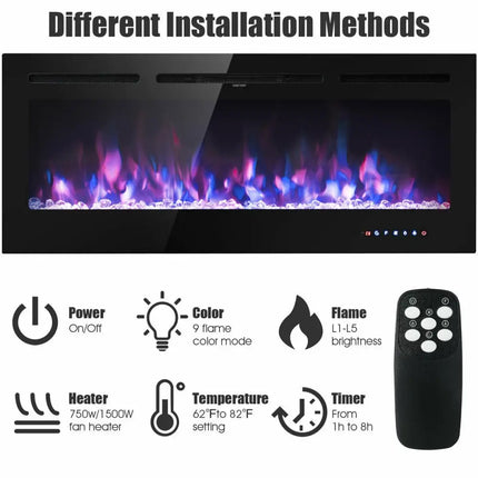 50 Inch Recessed Electric Insert Wall Mounted Fireplace with Adjustable Brightness - Oasis Home Essentials
