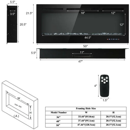 50 Inch Recessed Electric Insert Wall Mounted Fireplace with Adjustable Brightness - Oasis Home Essentials