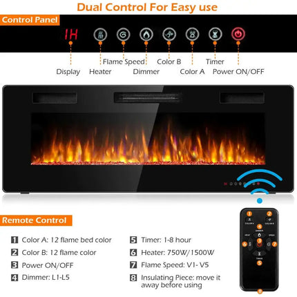50 Inch Recessed Ultra Thin Electric Fireplace with Timer Costway