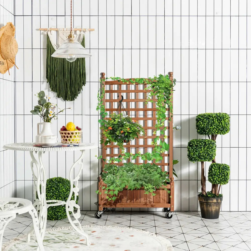 50 Inch Wood Planter Box with Trellis Mobile Raised Bed for Climbing Plant - Brown - Raised Garden Beds