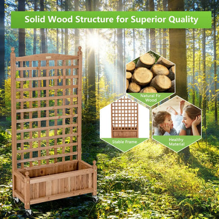 50 Inch Wood Planter Box with Trellis Mobile Raised Bed for Climbing Plant - Brown - Raised Garden Beds