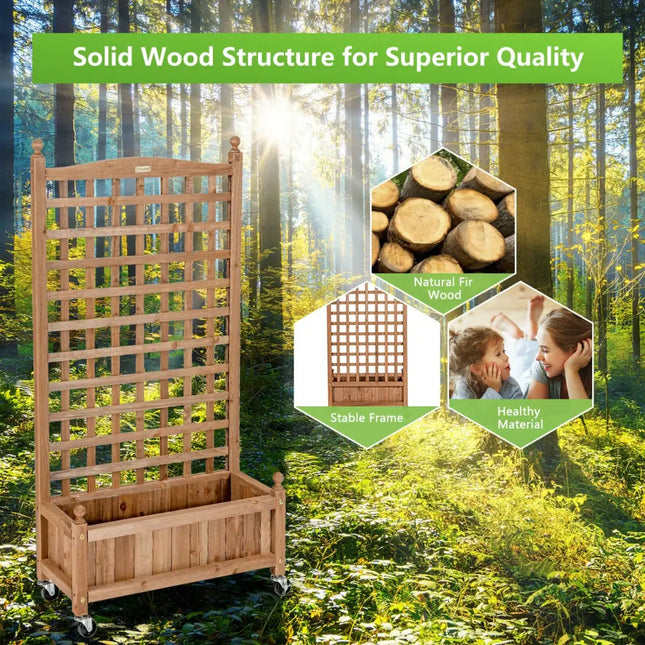 50 Inch Wood Planter Box with Trellis Mobile Raised Bed for Climbing Plant - Brown - Raised Garden Beds