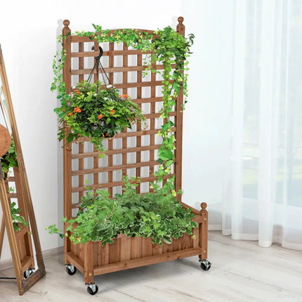 50 Inch Wood Planter Box with Trellis Mobile Raised Bed for Climbing Plant - Brown - Raised Garden Beds