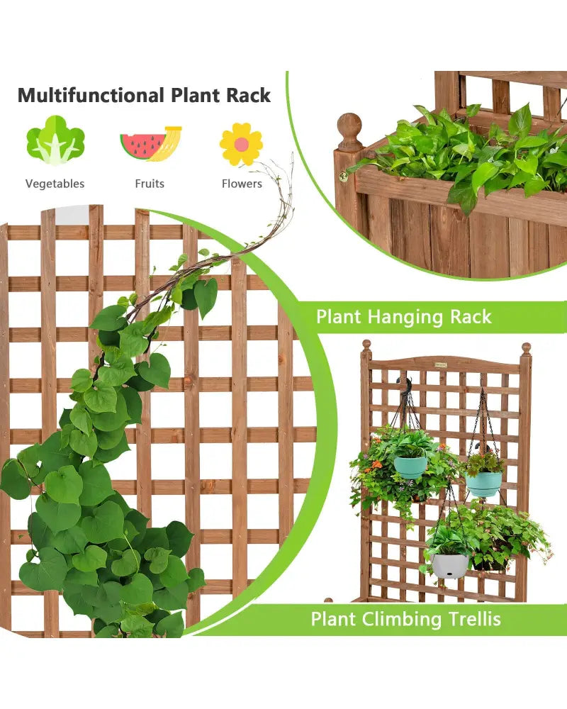 50 Inch Wood Planter Box with Trellis Mobile Raised Bed for Climbing Plant - Brown - Raised Garden Beds