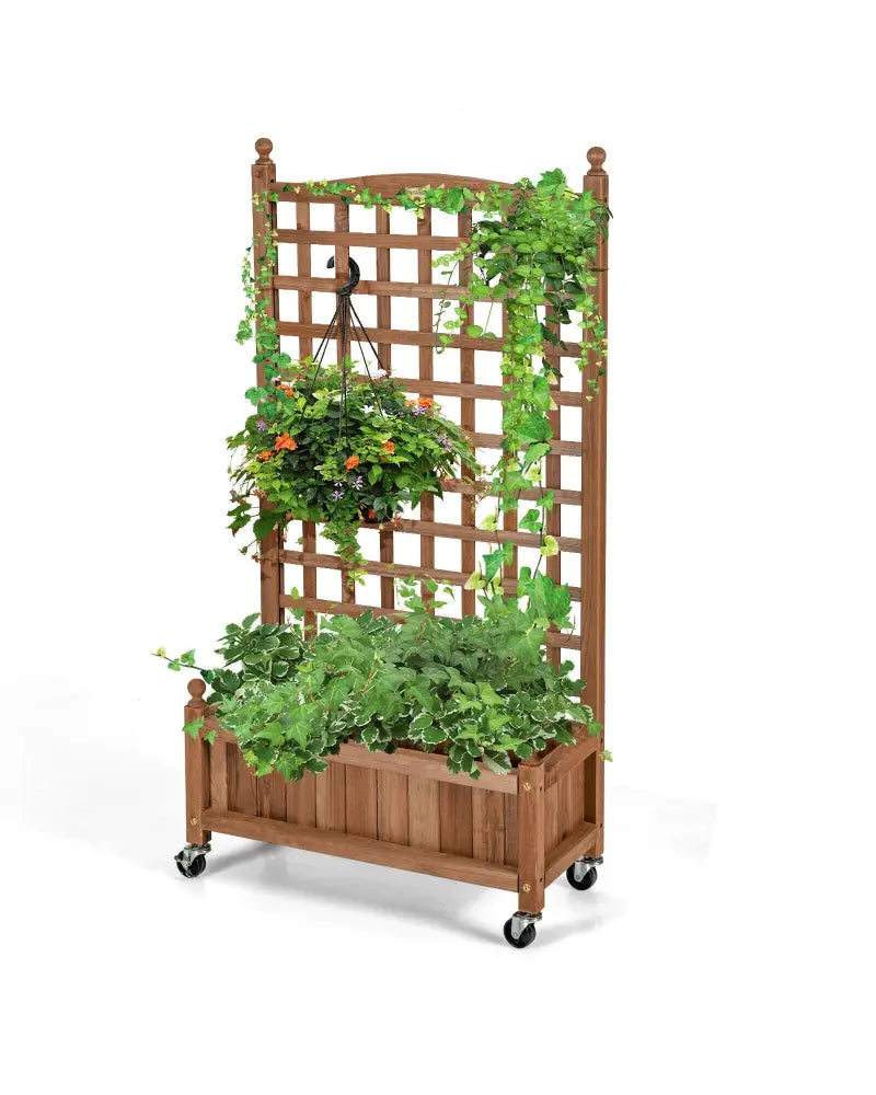 50 Inch Wood Planter Box with Trellis Mobile Raised Bed for Climbing Plant - Brown - Raised Garden Beds