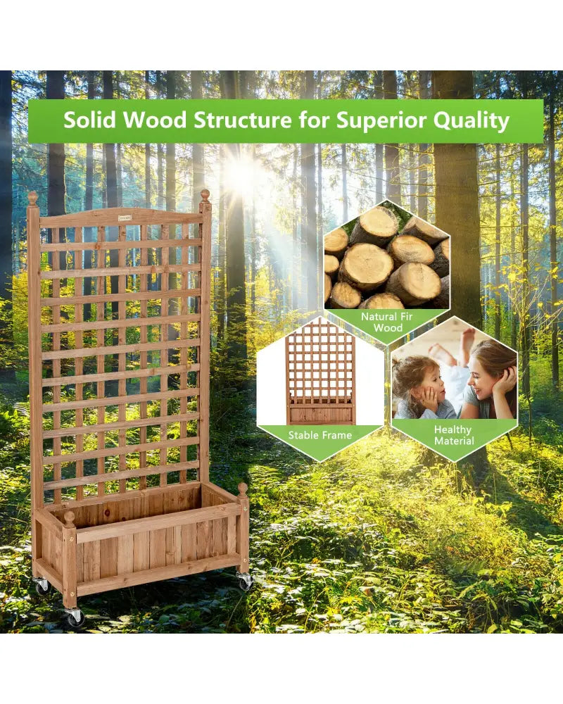 50 Inch Wood Planter Box with Trellis Mobile Raised Bed for Climbing Plant - Brown - Raised Garden Beds
