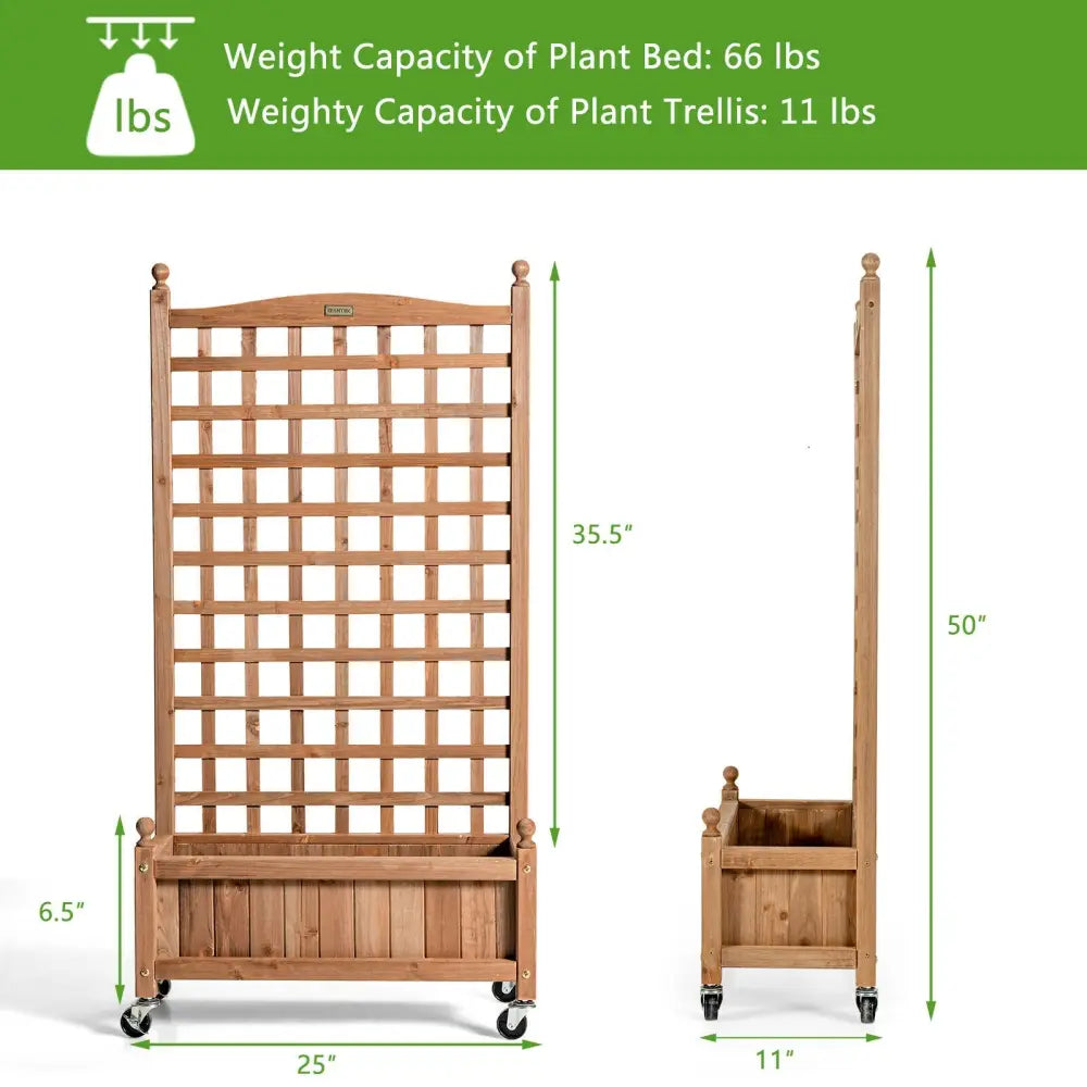 50 Inch Wood Planter Box with Trellis Mobile Raised Bed for Climbing Plant - Brown - Raised Garden Beds