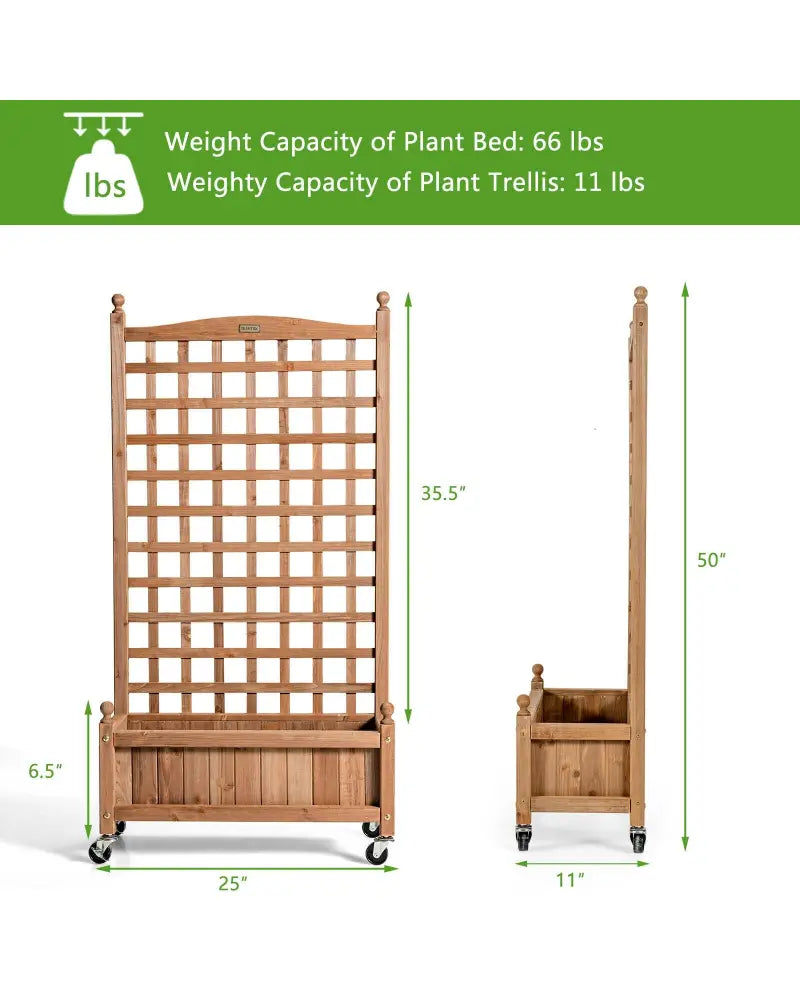 50 Inch Wood Planter Box with Trellis Mobile Raised Bed for Climbing Plant - Brown - Raised Garden Beds