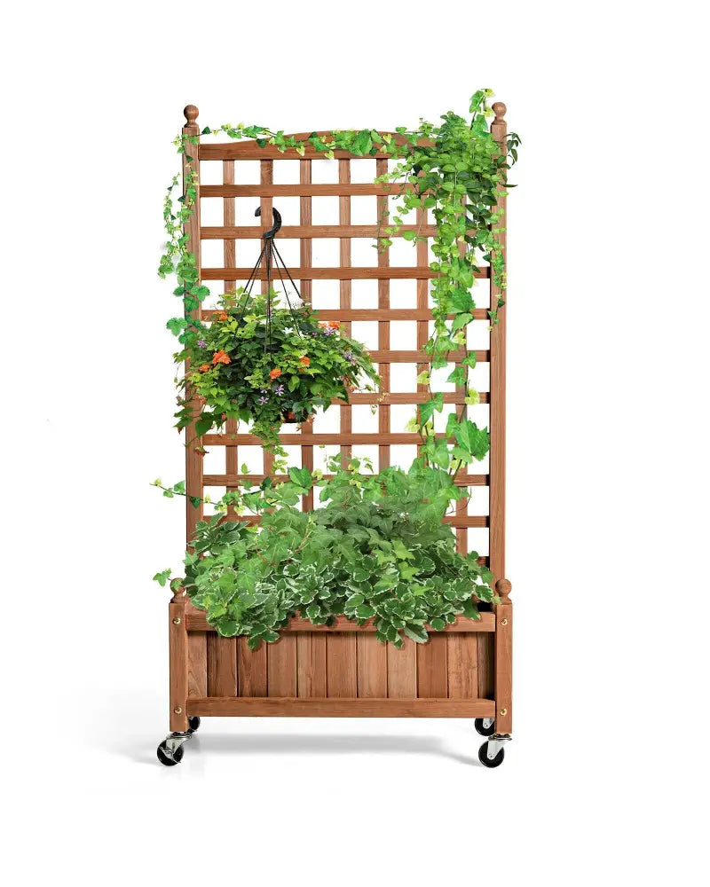 50 Inch Wood Planter Box with Trellis Mobile Raised Bed for Climbing Plant - Brown - Raised Garden Beds