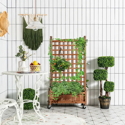 50 Inch Wood Planter Box with Trellis Mobile Raised Bed for Climbing Plant - Brown - Raised Garden Beds