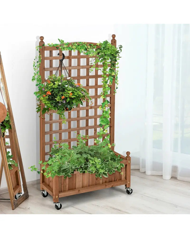 50 Inch Wood Planter Box with Trellis Mobile Raised Bed for Climbing Plant - Brown - Raised Garden Beds