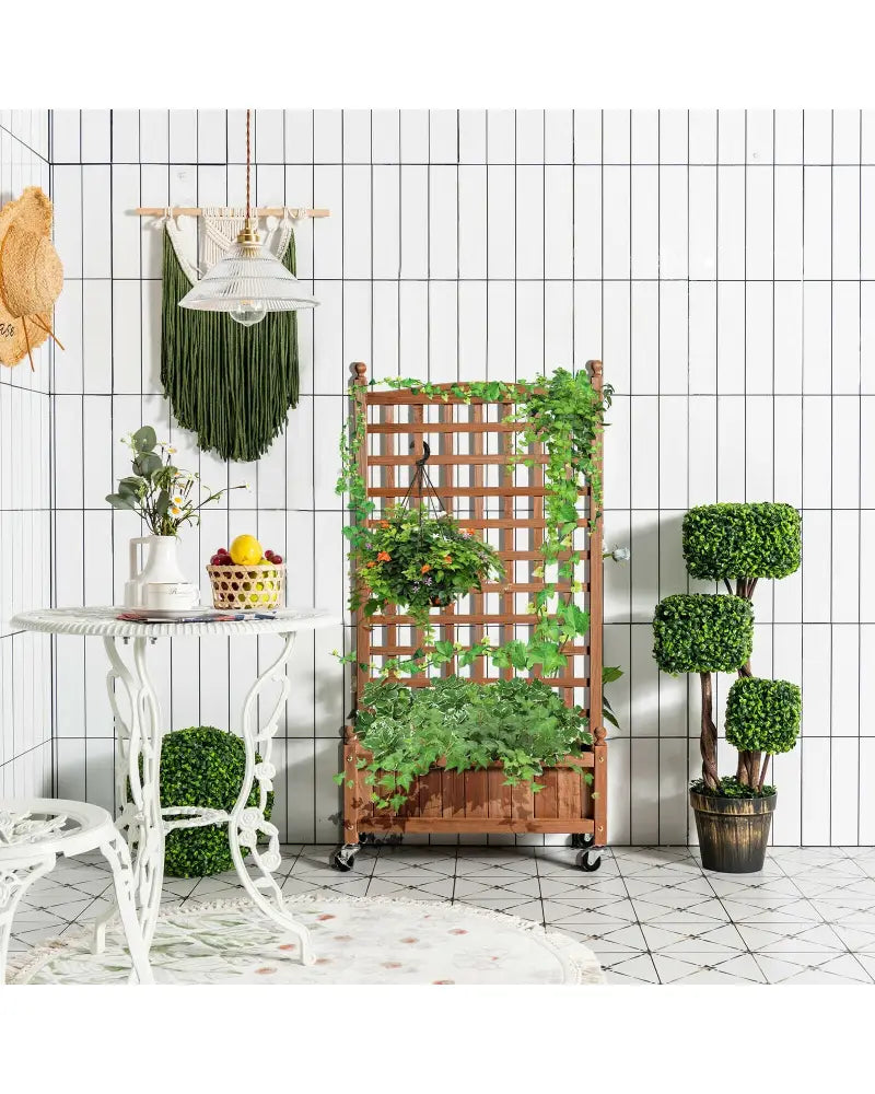 50 Inch Wood Planter Box with Trellis Mobile Raised Bed for Climbing Plant - Brown - Raised Garden Beds