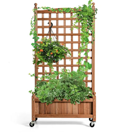 50 Inch Wood Planter Box with Trellis Mobile Raised Bed for Climbing Plant - Brown - Raised Garden Beds