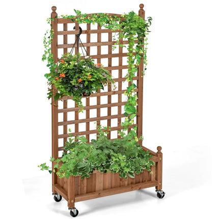 50 Inch Wood Planter Box with Trellis Mobile Raised Bed for Climbing Plant - Brown - Raised Garden Beds